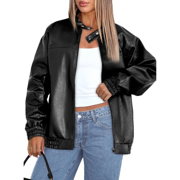 Women Faux Leather Jacket Oversized B-Black Bomber Coat Fall Winter Outfits - Picture 2 of 4